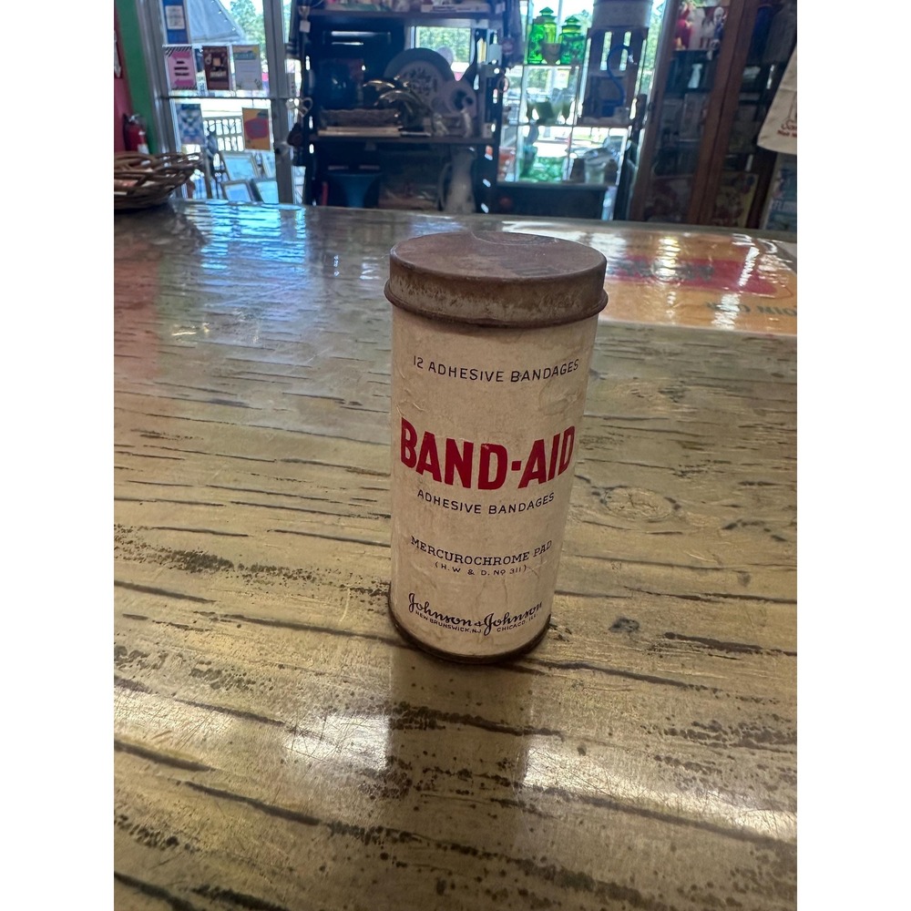 Vintage RARE Round Johnson & Johnson Band Aid Tin with Bandaids